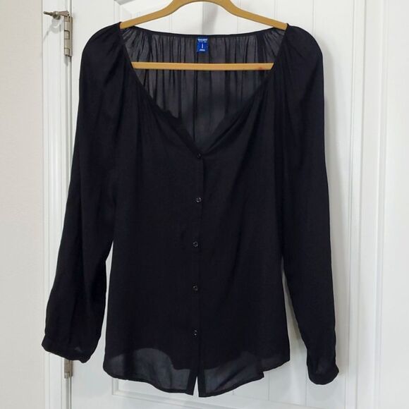Old Navy Ladies Black Gathered Neckline Sheer Rayon Blouse, Size Large - Picture 1 of 5